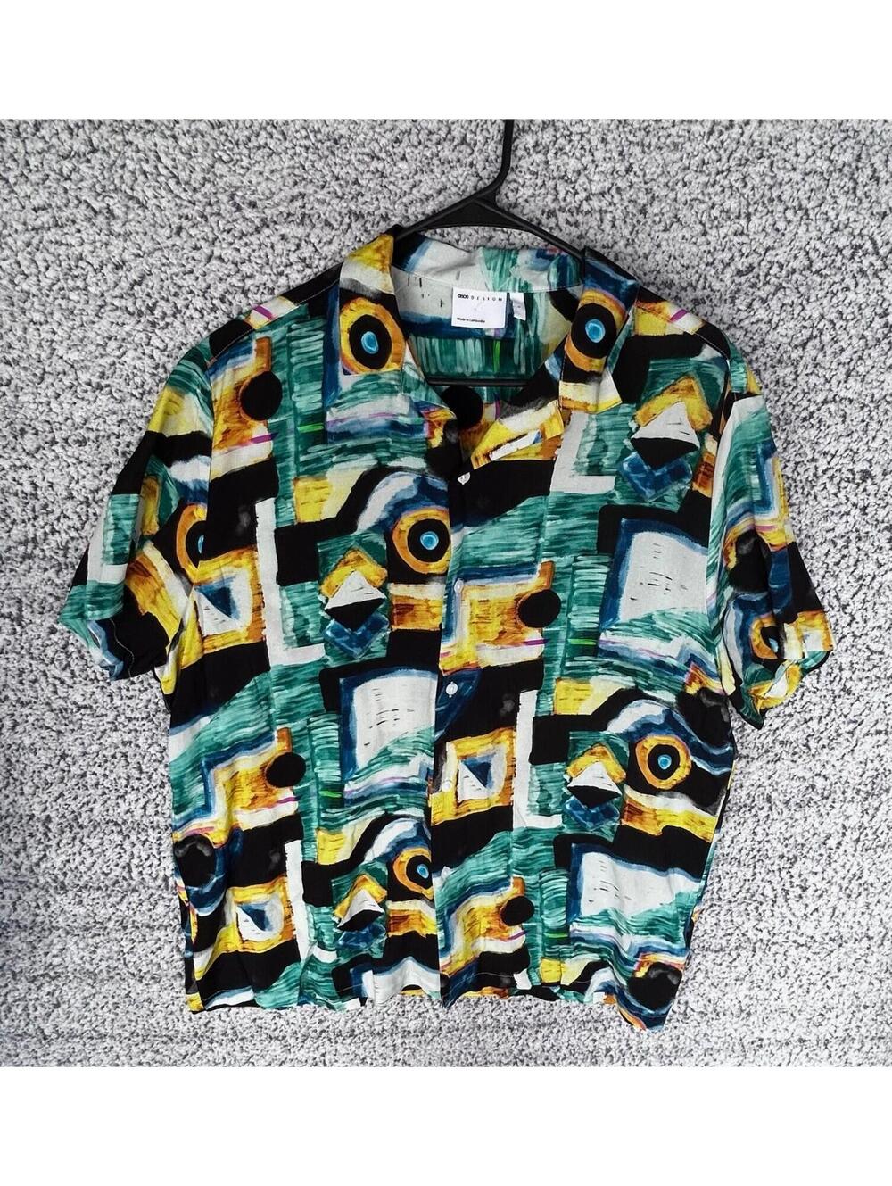 Asos Design Relaxed Fit Watercolor Print Short Sleeve Satin Bowling Shirt Large